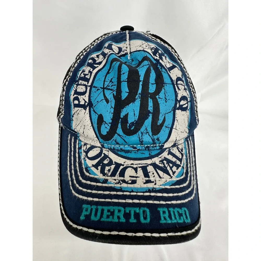 Robin Ruth Puerto Rico Hat Mens OSFA Blue Black Distressed Souvenir Cap PR Logo